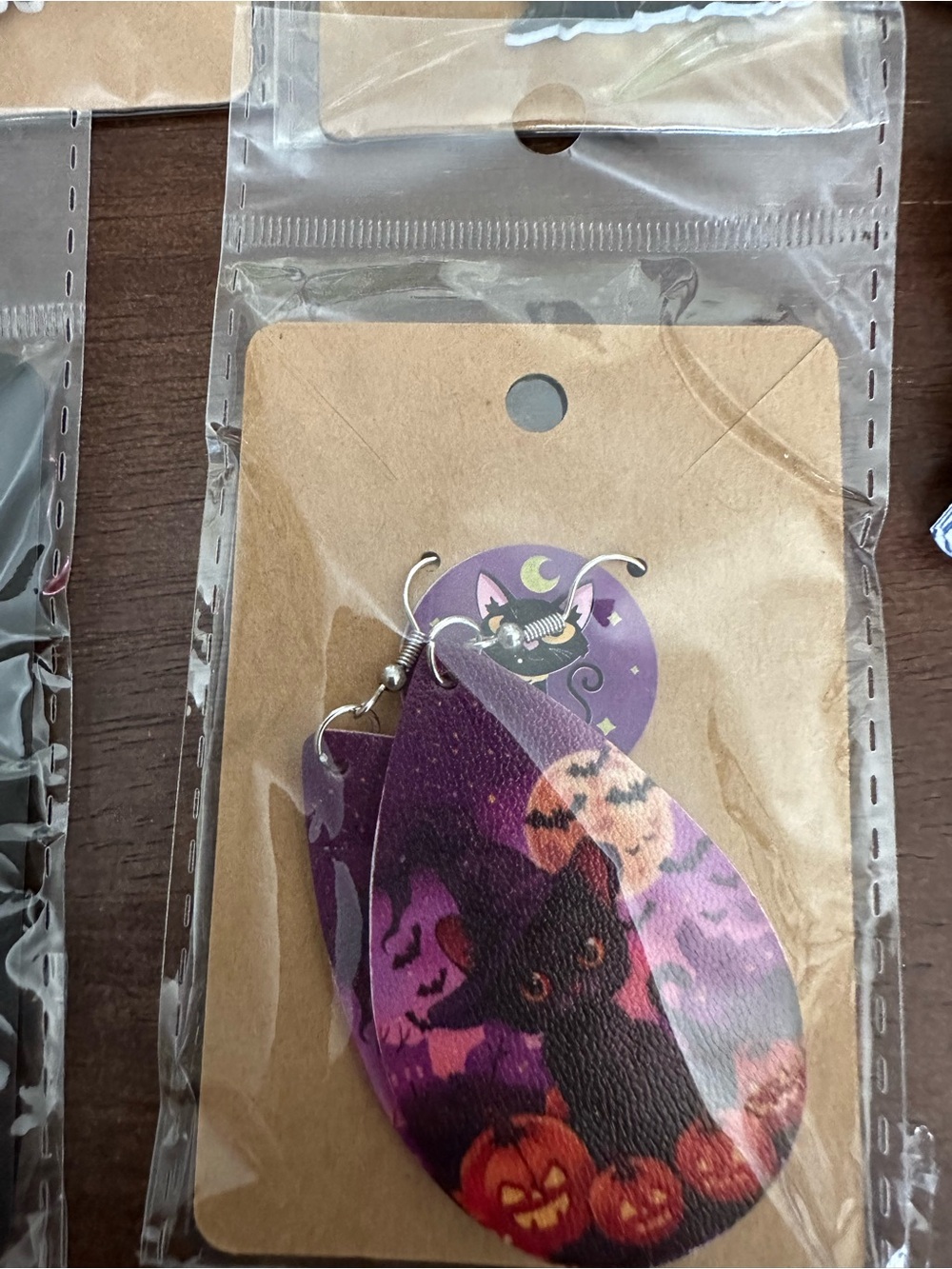 Halloween Black Cat Teardrop Earrings in Purple & Orange